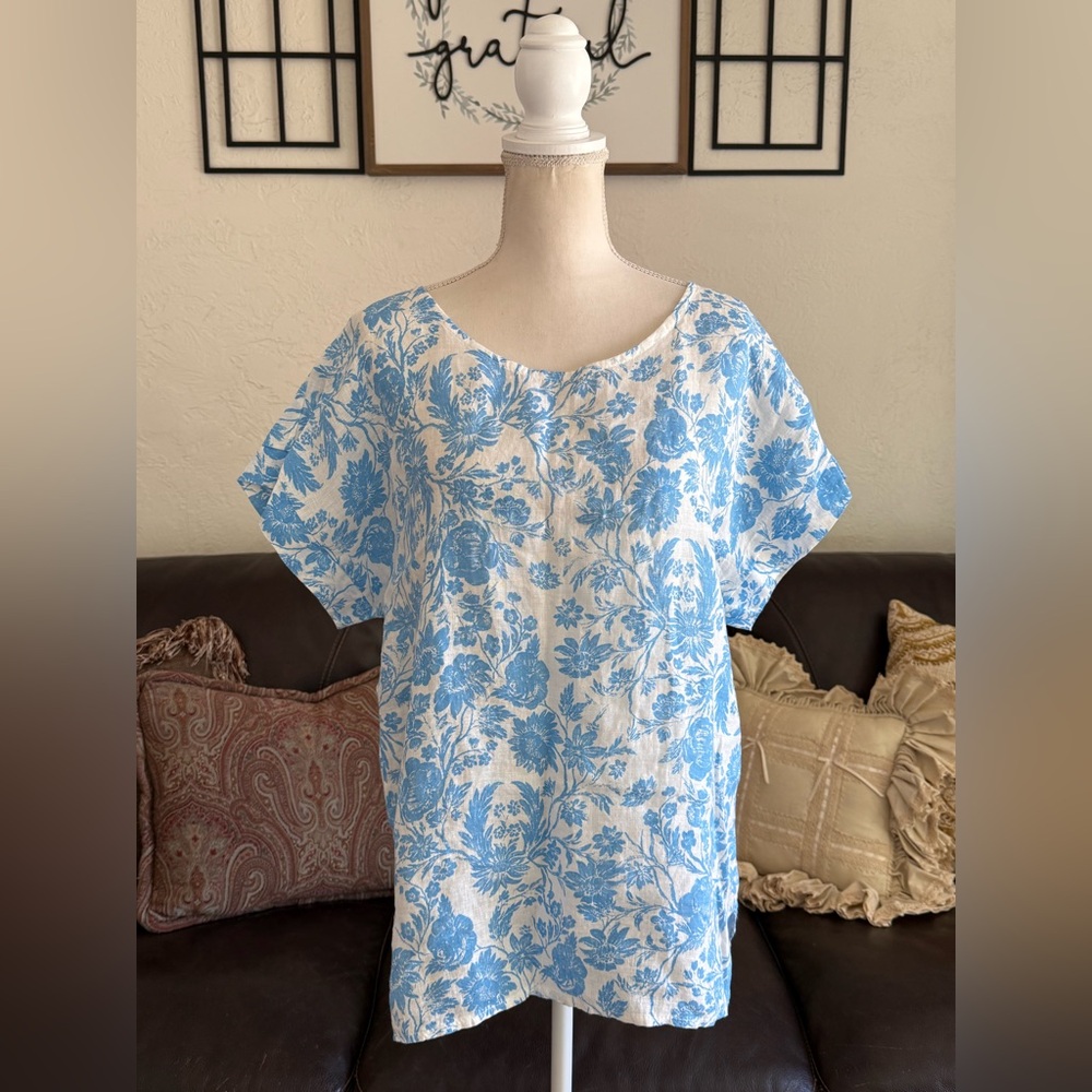 Bellambra Blue & White Floral 100% Linen Top NWT Size L cottage-core Italy Light
